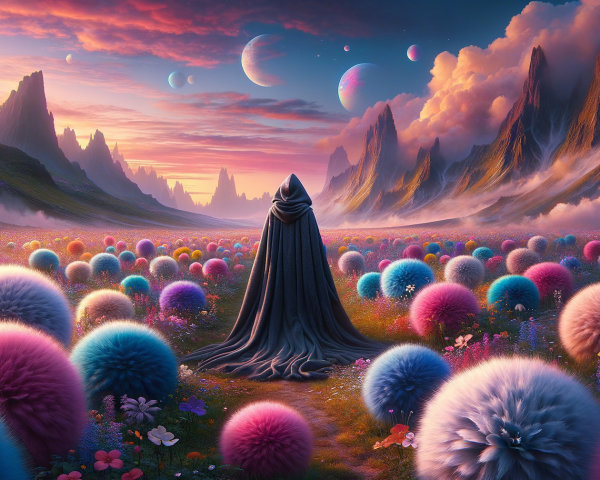 Cloaked Figure in a Vibrant Fantastical Landscape