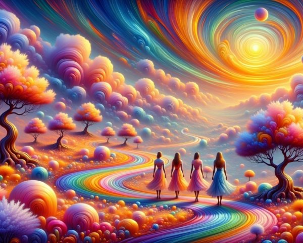 Three Figures on a Vibrant Path in a Dreamlike Landscape