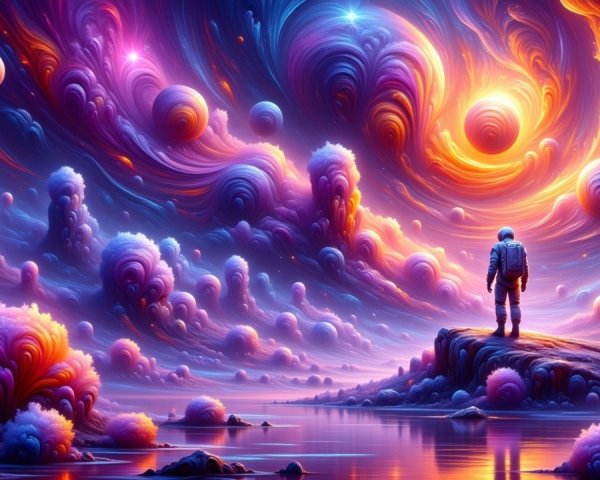 Astronaut Observing Colorful Cosmic Landscape and Reflection