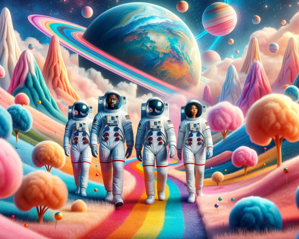 Astronauts Exploring a Colorful Dreamlike Landscape