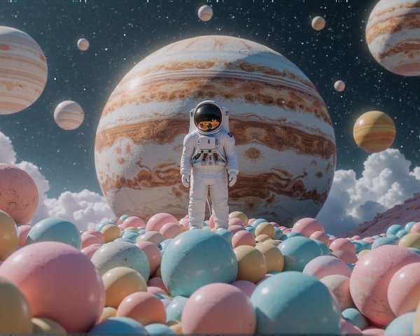 Astronaut in a surreal pastel-colored cosmic landscape