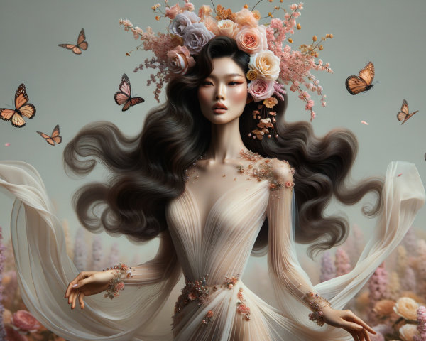 Ethereal Figure in Floral Field with Butterflies