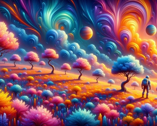 Surreal Landscape with Colorful Clouds and Trees