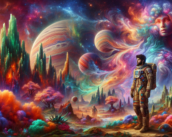 Cosmic Scene with Astronaut and Surreal Landscapes