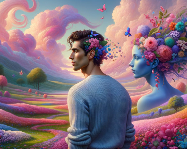 Surreal Landscape with Blue-Skinned Figure and Butterflies