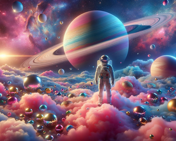 Astronaut in a Colorful Cosmic Landscape with Clouds