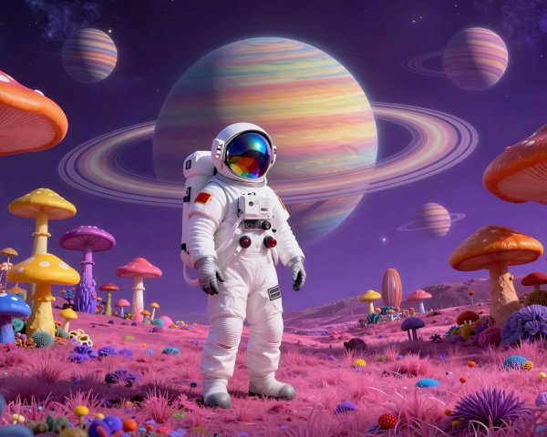 Astronaut in Vibrant Otherworldly Landscape with Planets