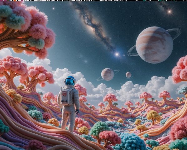 Surreal Landscape with Colorful Trees and Astronaut