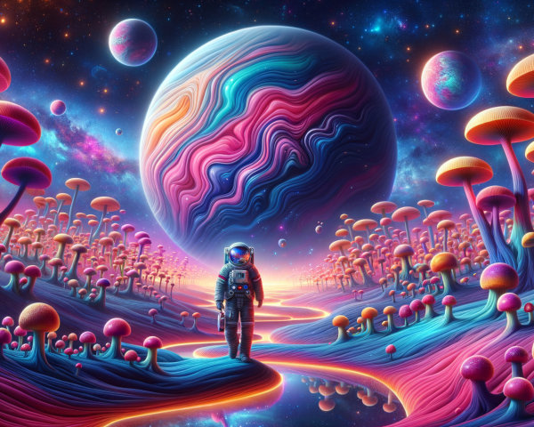 Surreal Landscape with Astronaut and Colorful Mushrooms