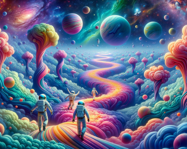 Surreal Cosmic Landscape with Astronauts and Vibrant Colors