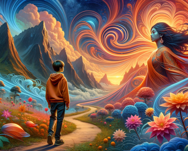 Young Boy Observing Surreal Landscape with Mountains