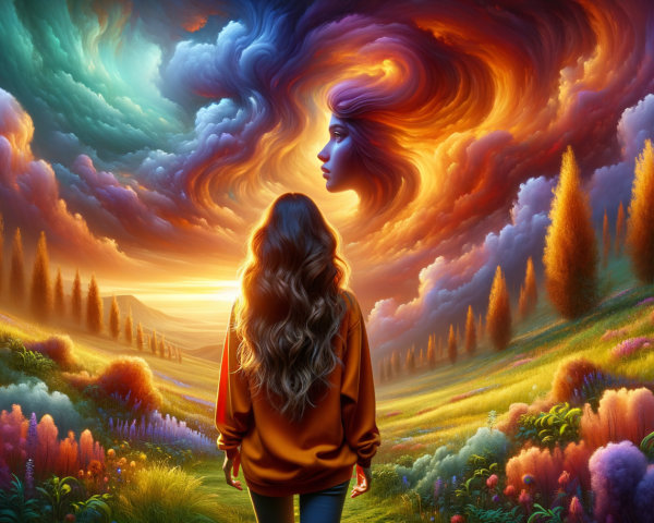 Surreal Landscape with Colorful Flowers and Clouds
