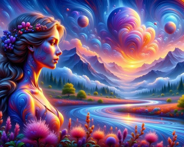 Surreal Landscape with Detailed Woman and Vivid Nature