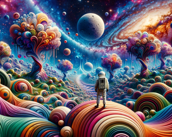 Surreal Landscape with Astronaut and Cosmic View