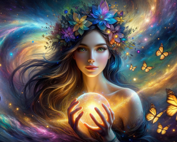 Mystical Woman with Orb in Cosmic Galaxy Setting