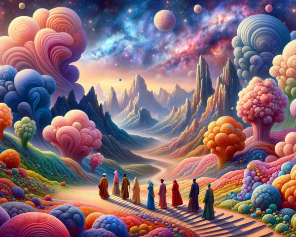 Vibrant Fantastical Landscape with Cloaked Figures