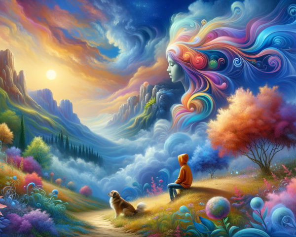 Dreamlike Landscape with Figure and Dog at Sunrise