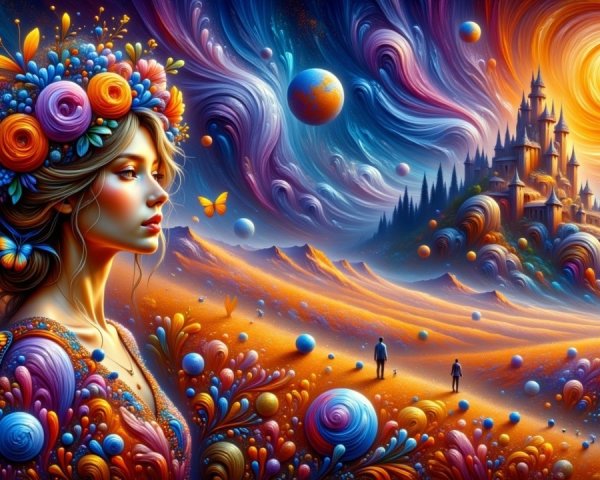 Whimsical Woman in a Colorful Fantasy Landscape