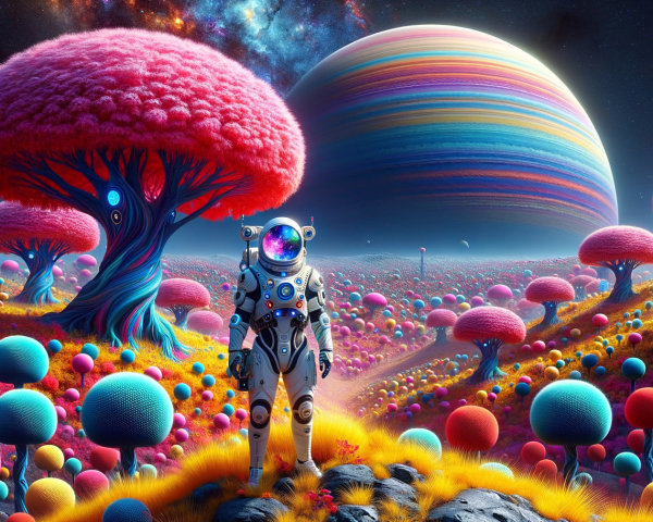 Vibrant Extraterrestrial Landscape with Astronaut and Flora