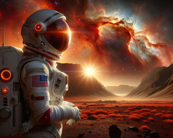 Astronaut in Red Landscape with Nebula and Mountains