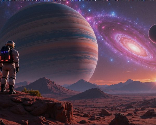 Astronaut on Alien Planet with Gas Giant and Galaxy