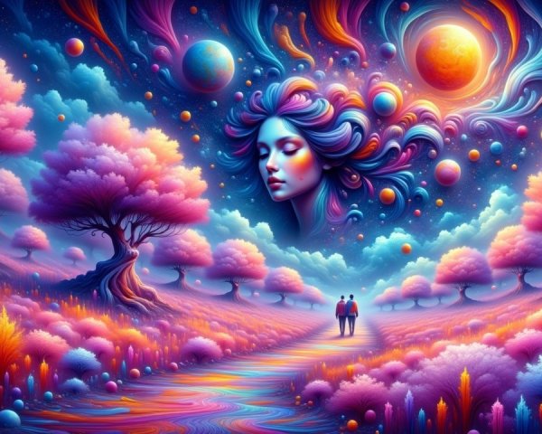 Surreal Landscape with Pink Trees and Celestial Scene