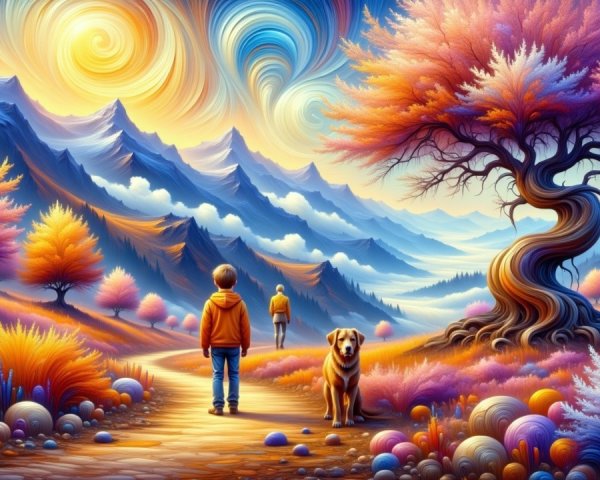 Surreal Landscape with Colorful Mountains and Figures