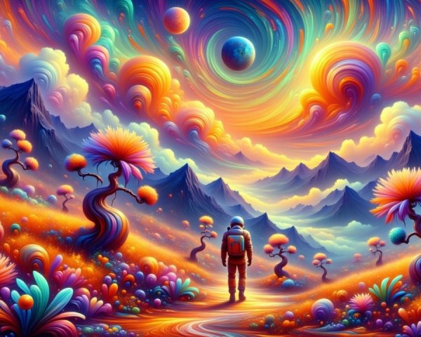 Surreal Landscape with Astronaut and Colorful Path