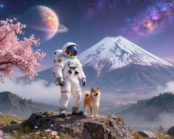 Astronaut and Shiba Inu in a Colorful Cosmic Landscape