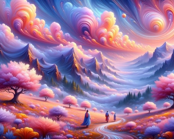 Surreal Landscape with Vibrant Colors and Majestic Mountains