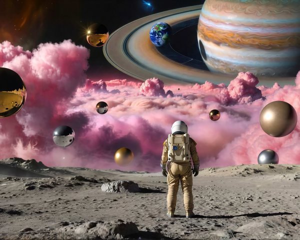 Astronaut on Moon Surface with Surreal Space Scene