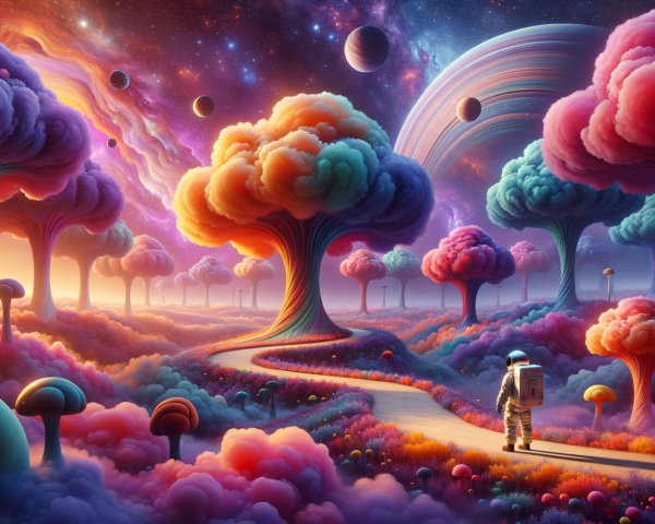 Surreal landscape with oversized colorful trees and mushrooms