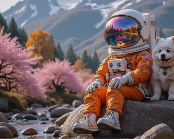 Astronaut and Dog in Cherry Blossom Landscape