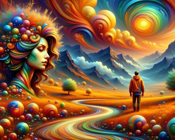 Surreal Landscape with Colorful Patterns and Figures