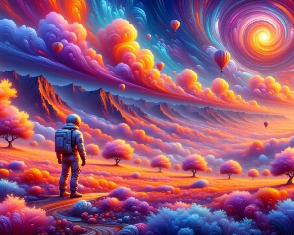 Surreal Landscape with Astronaut and Colorful Balloons