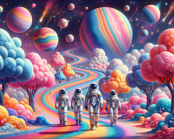 Astronauts in a Colorful Surreal Cosmic Landscape