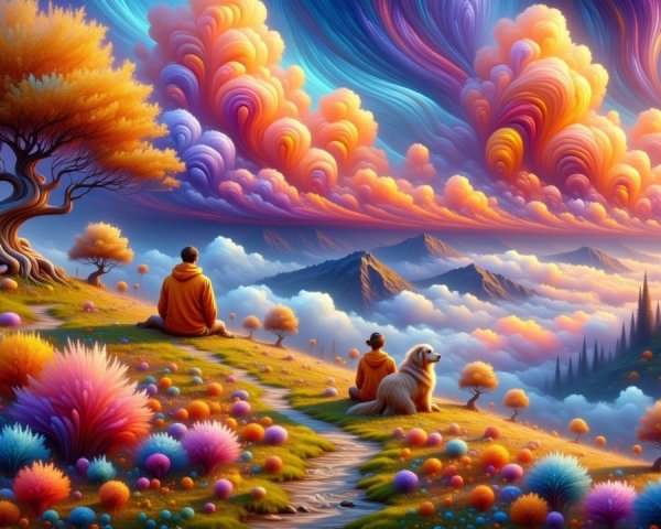 Surreal Landscape with Monk, Dog, and Colorful Nature
