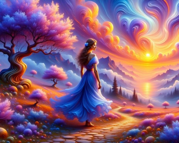 Woman in Blue Dress on Winding Path at Sunset
