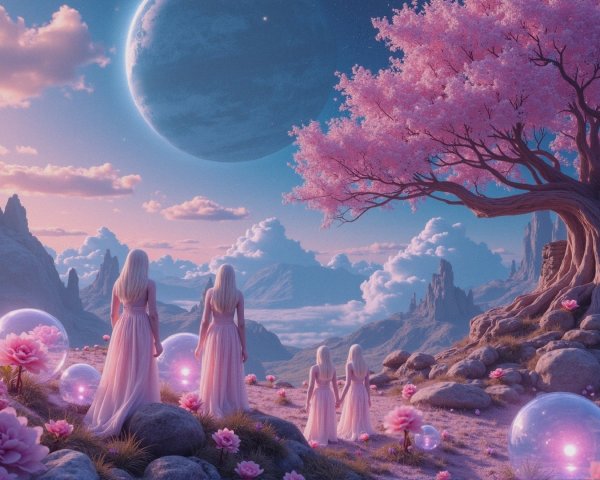 Surreal Landscape with Ethereal Figures and Vibrant Nature