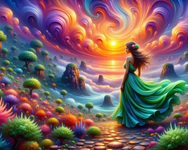 Vibrant Landscape with Woman in Green Dress