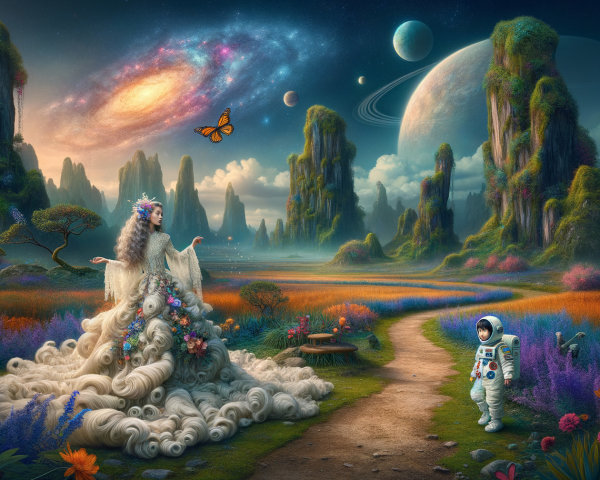 Whimsical Landscape with Galaxy and Floral Elements