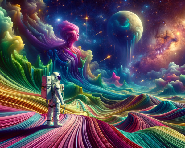 Astronaut in a Colorful Cosmic Landscape with Galaxies