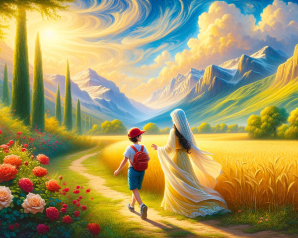 Serene Landscape with Boy and Woman in Nature