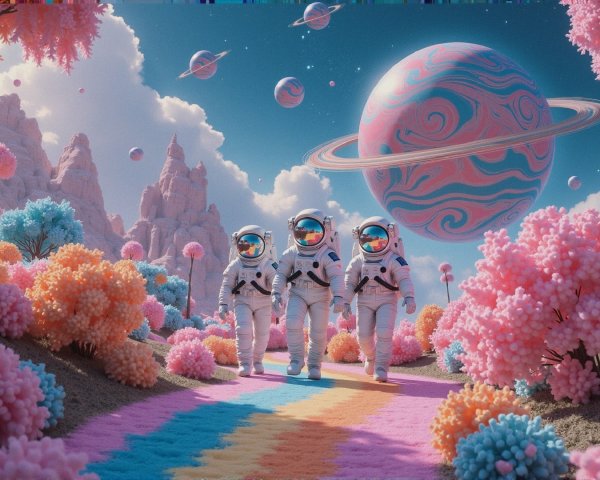 Astronauts on a Rainbow Path in a Surreal Landscape