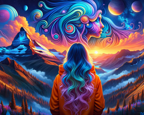 Mountain Landscape with Cosmic Sunset and Patterns