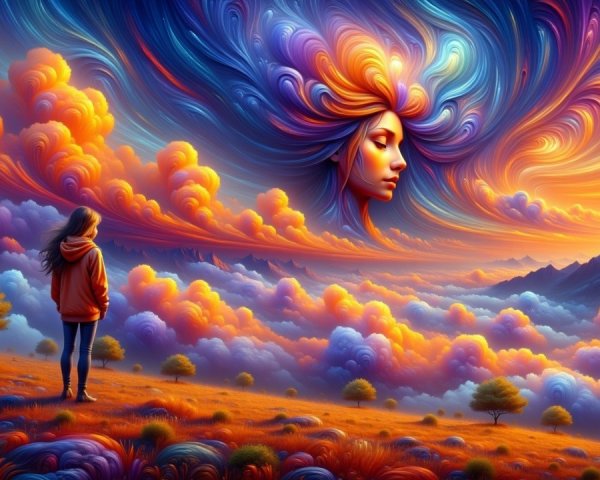 Surreal Landscape with Woman and Ethereal Clouds