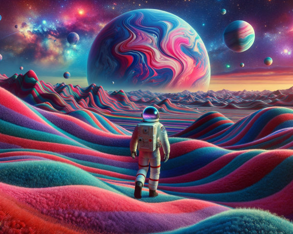 Surreal Landscape with Astronaut and Celestial Bodies
