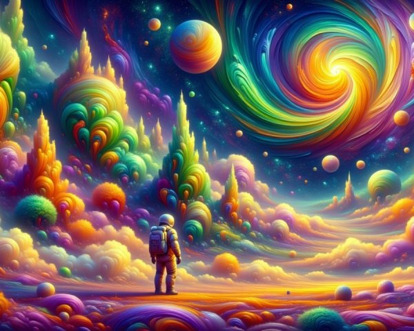 Surreal Landscape with Galaxies and Colorful Planets