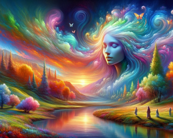 Ethereal Landscape with Serene River and Dreamy Sky