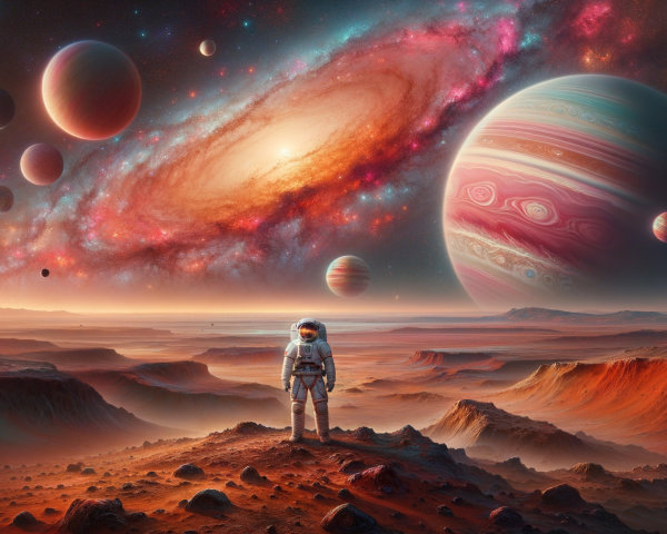 Astronaut on Rocky Planet with Cosmic Landscape View